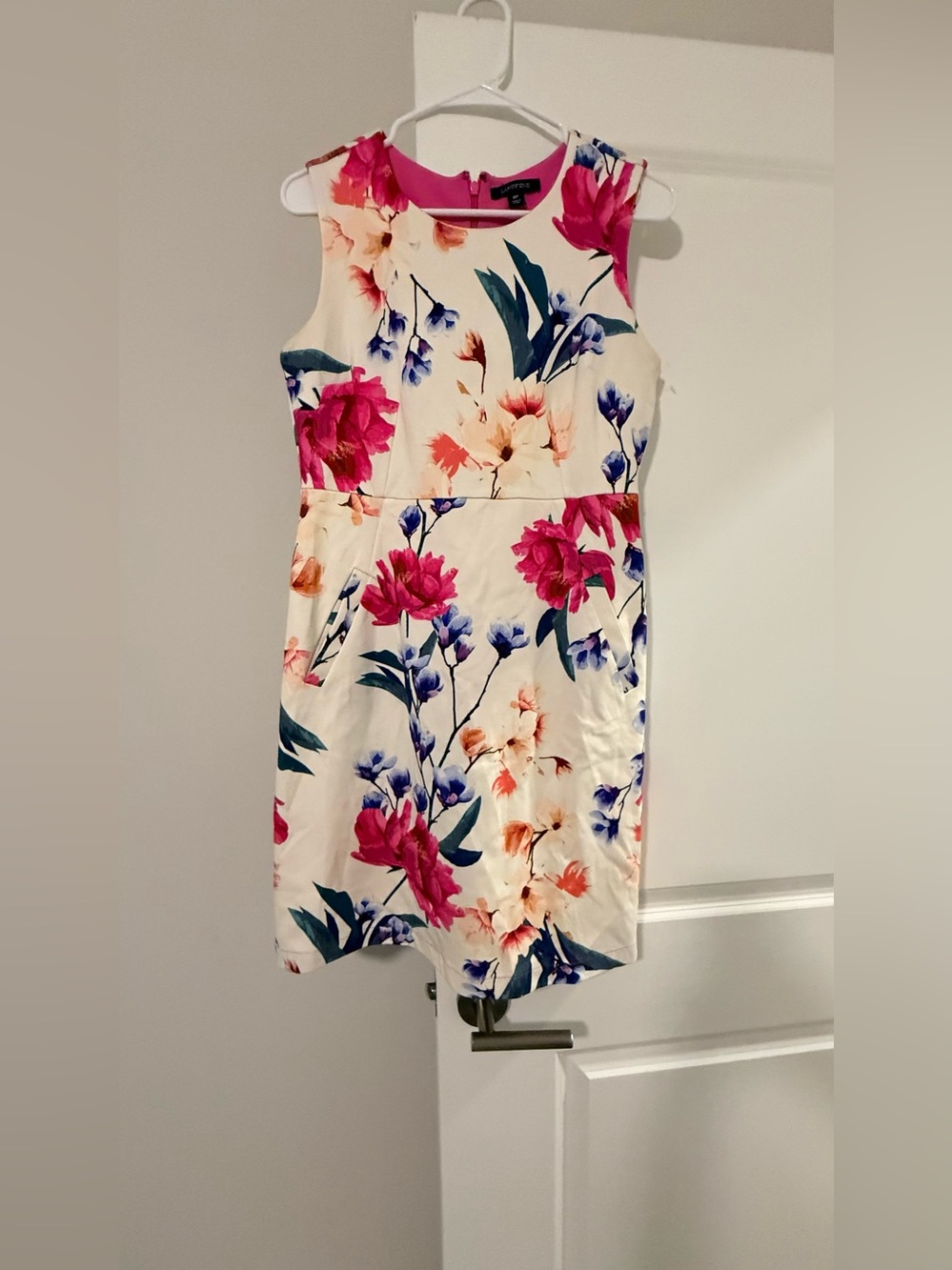 Lands' End Cream Floral Sheath Dress with Pink and Blue Blooms